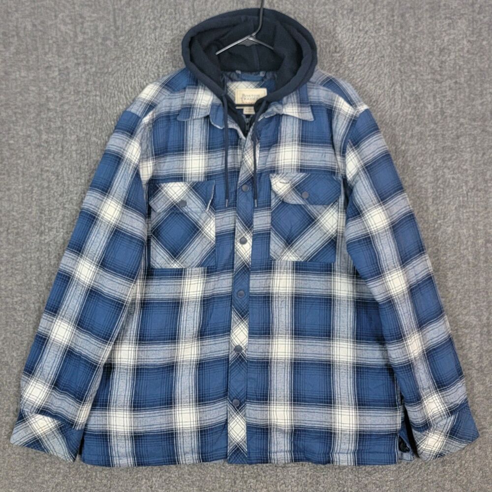 Boston Traders Jacket Mens L Blue Plaid Flannel Hooded Quilted Lined Shacket
